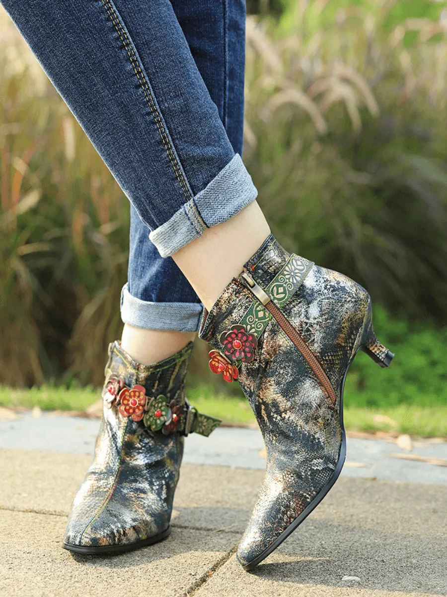 Snake Pattern Embossed Green Leather Kitten Heel Ankle Boot