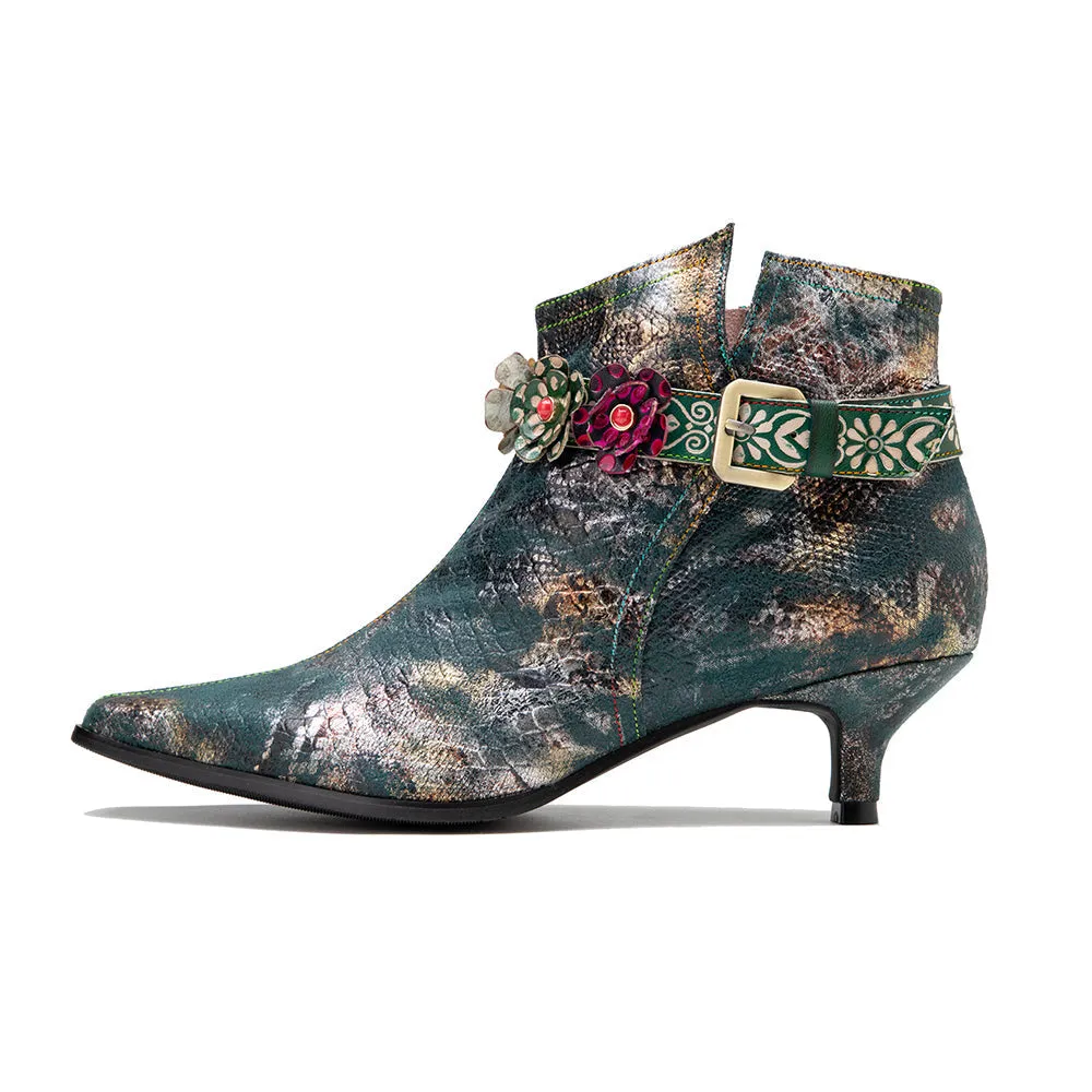 Snake Pattern Embossed Green Leather Kitten Heel Ankle Boot