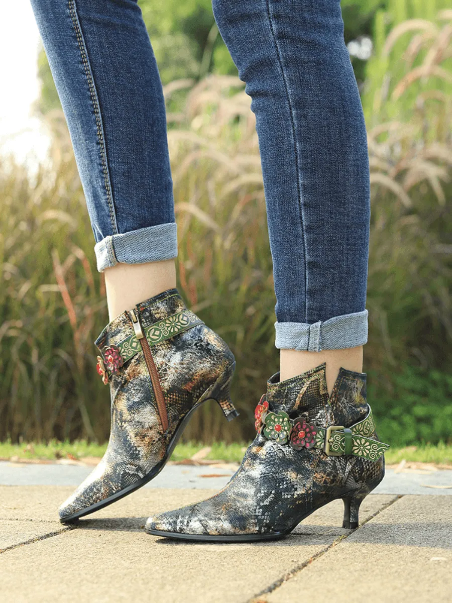 Snake Pattern Embossed Green Leather Kitten Heel Ankle Boot