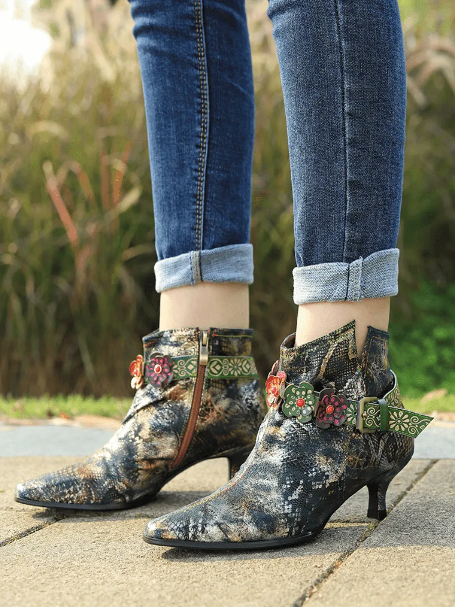 Snake Pattern Embossed Green Leather Kitten Heel Ankle Boot