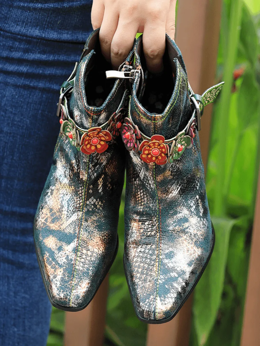 Snake Pattern Embossed Green Leather Kitten Heel Ankle Boot