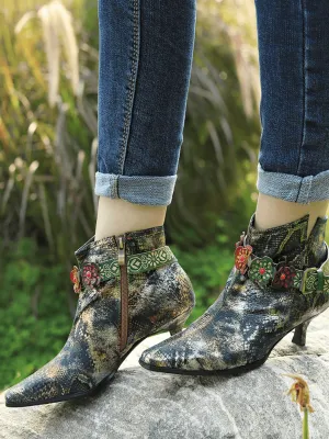Snake Pattern Embossed Green Leather Kitten Heel Ankle Boot