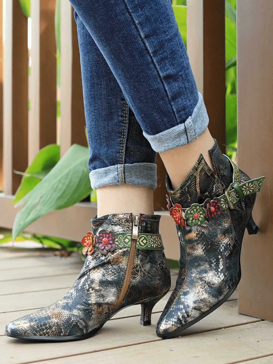 Snake Pattern Embossed Green Leather Kitten Heel Ankle Boot