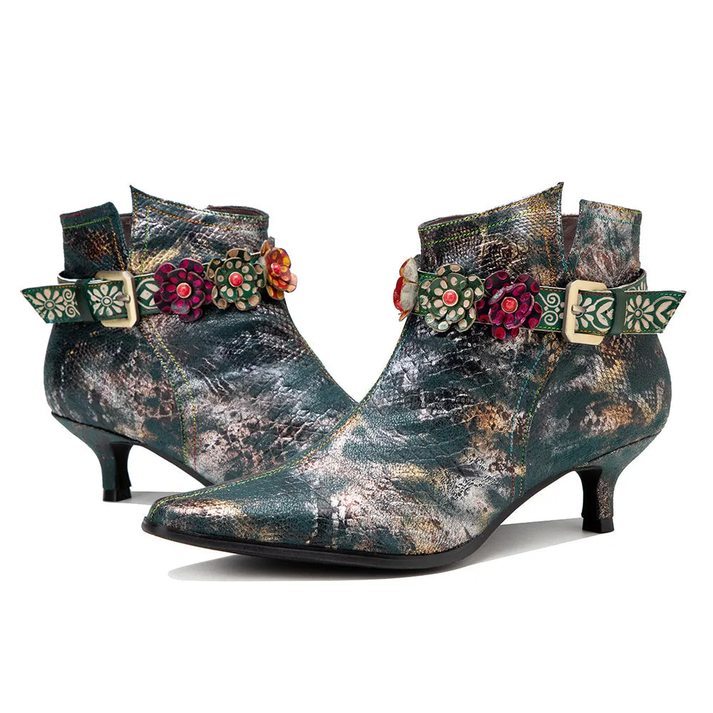 Snake Pattern Embossed Green Leather Kitten Heel Ankle Boot