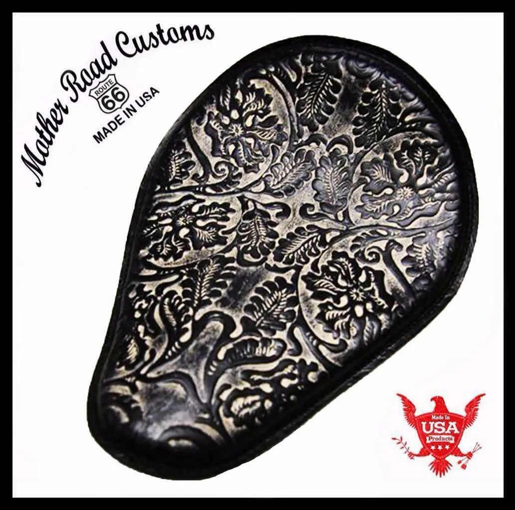 Spring Seat Chopper Bobber Harley Sportster Honda 11x14 NatBlk Oak Leaf Leather