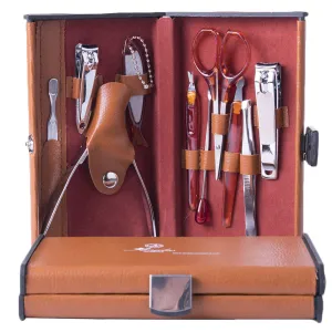 Stainless Steel with Orange Leather Mens Manicure Pedicure Kit - 10 piece Grooming Kit with travel Case