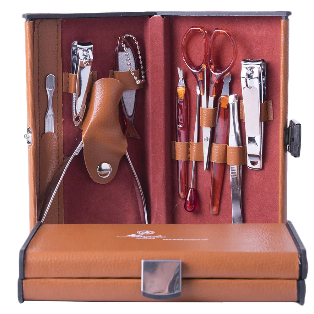 Stainless Steel with Orange Leather Mens Manicure Pedicure Kit - 10 piece Grooming Kit with travel Case