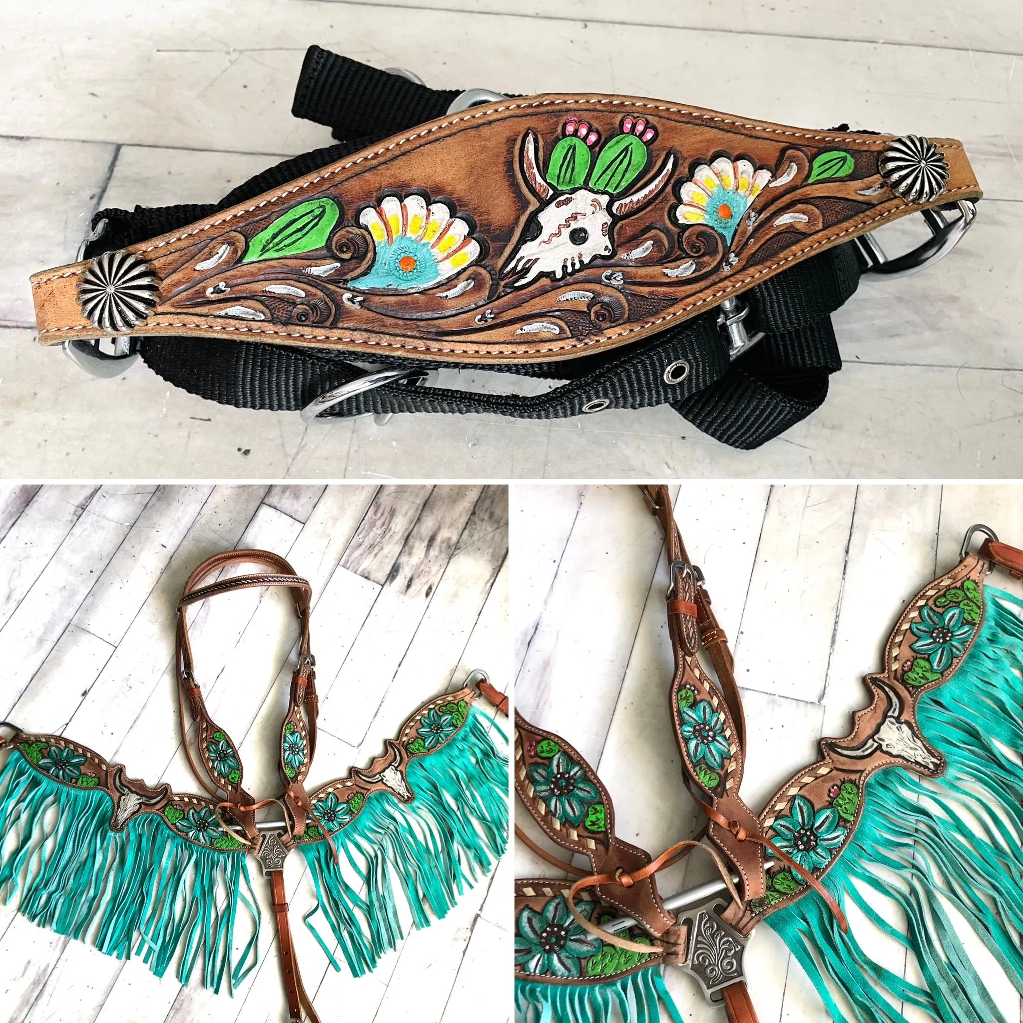 Steer Skull Cactus Painted Set with Turquoise/ Teal Fringe