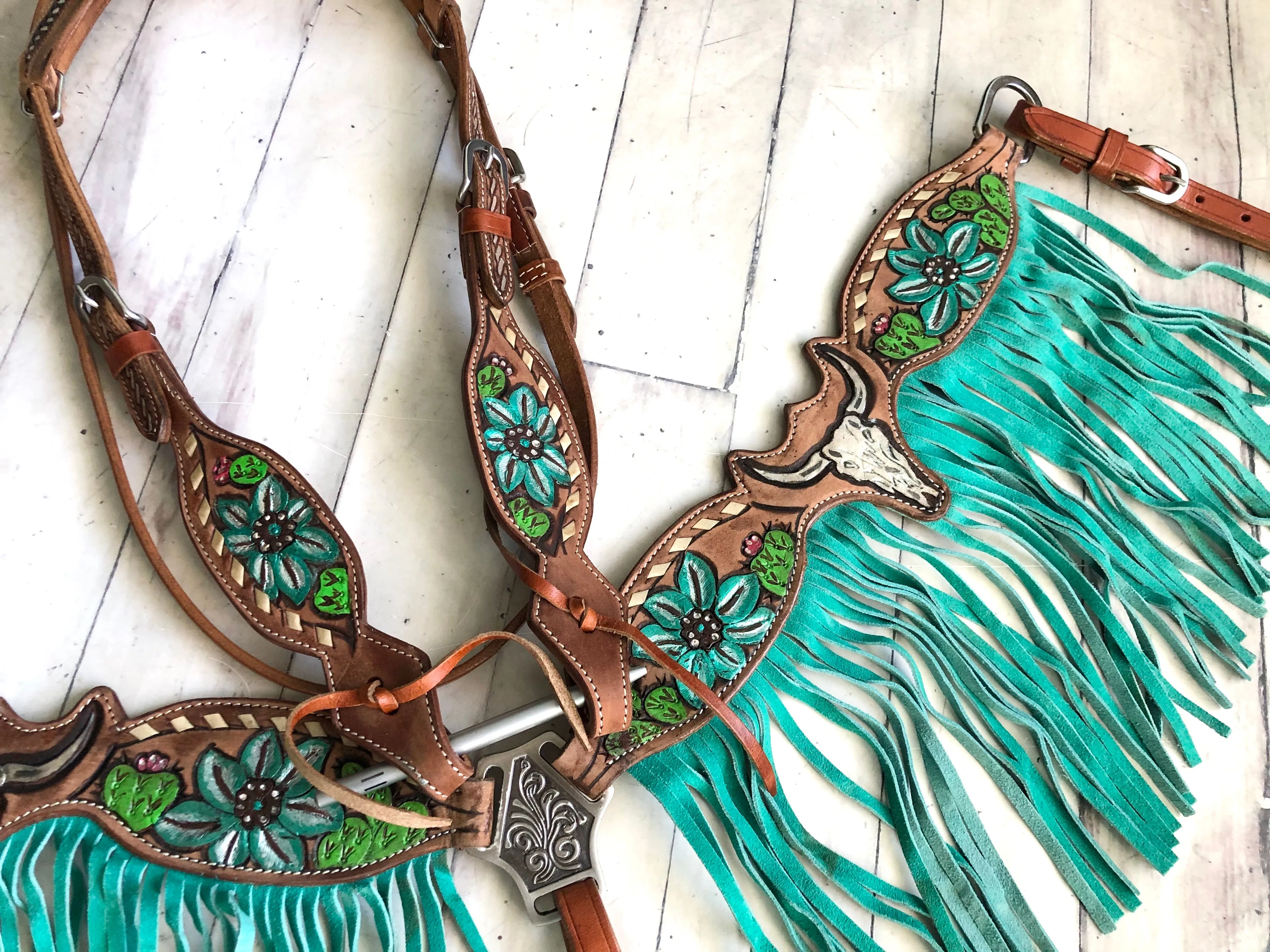 Steer Skull Cactus Painted Set with Turquoise/ Teal Fringe