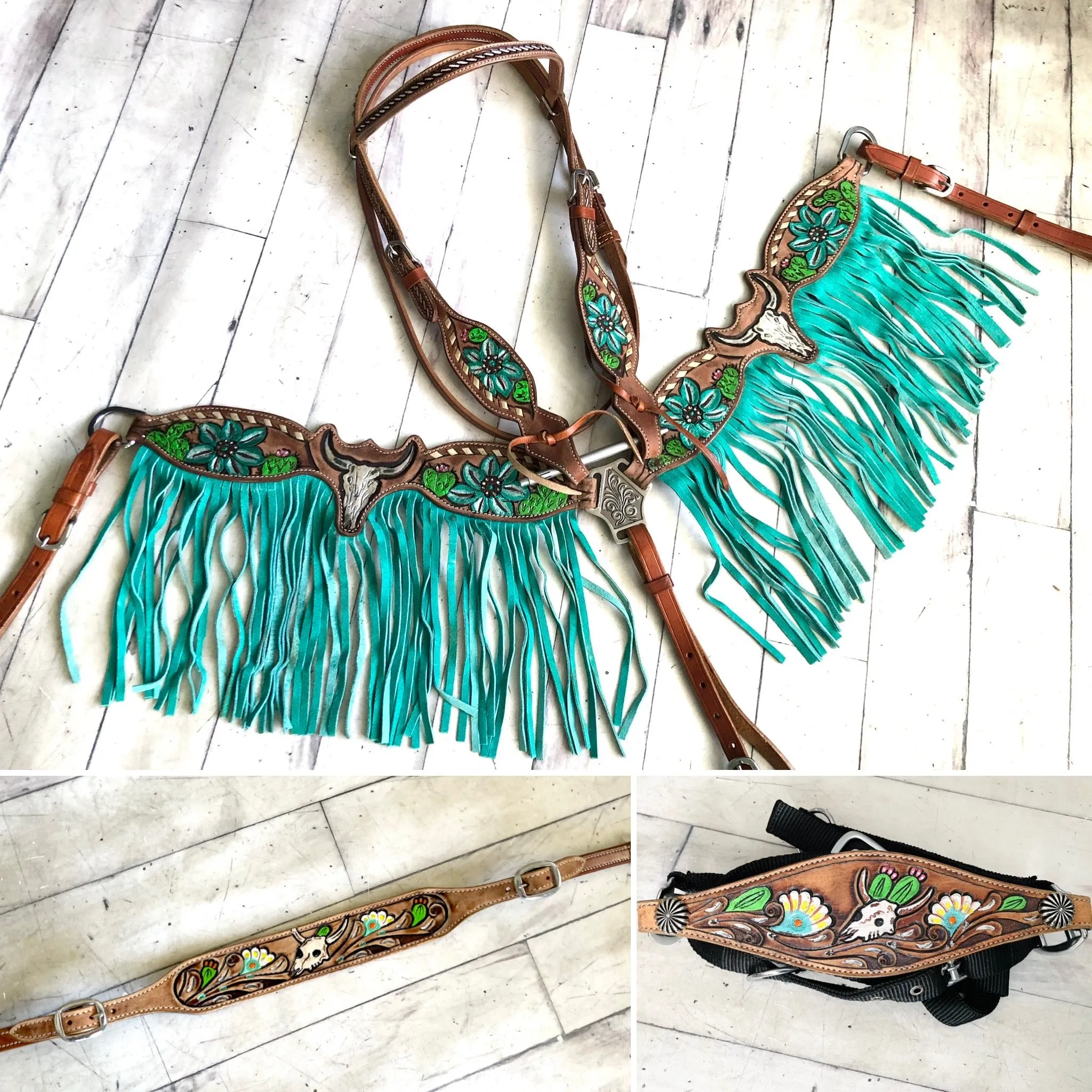 Steer Skull Cactus Painted Set with Turquoise/ Teal Fringe