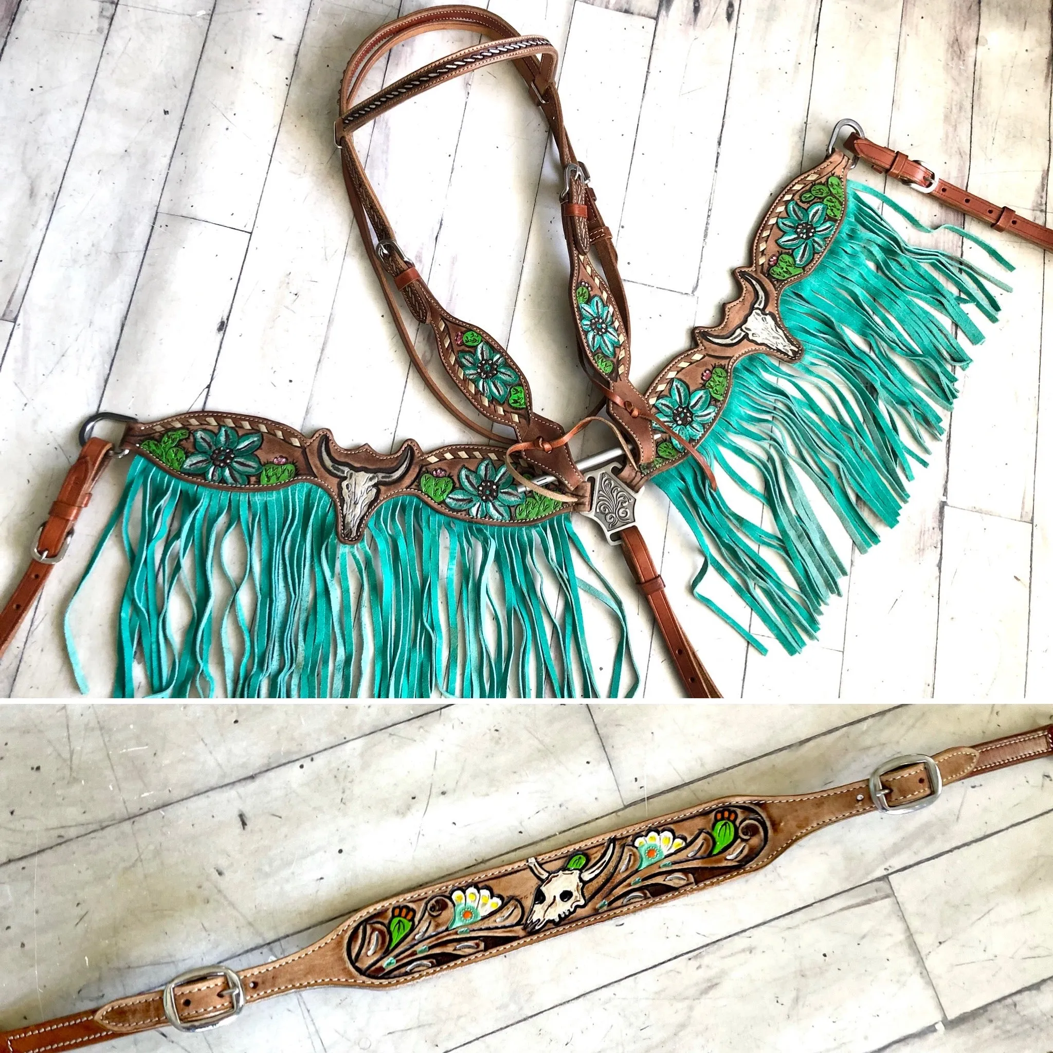 Steer Skull Cactus Painted Set with Turquoise/ Teal Fringe