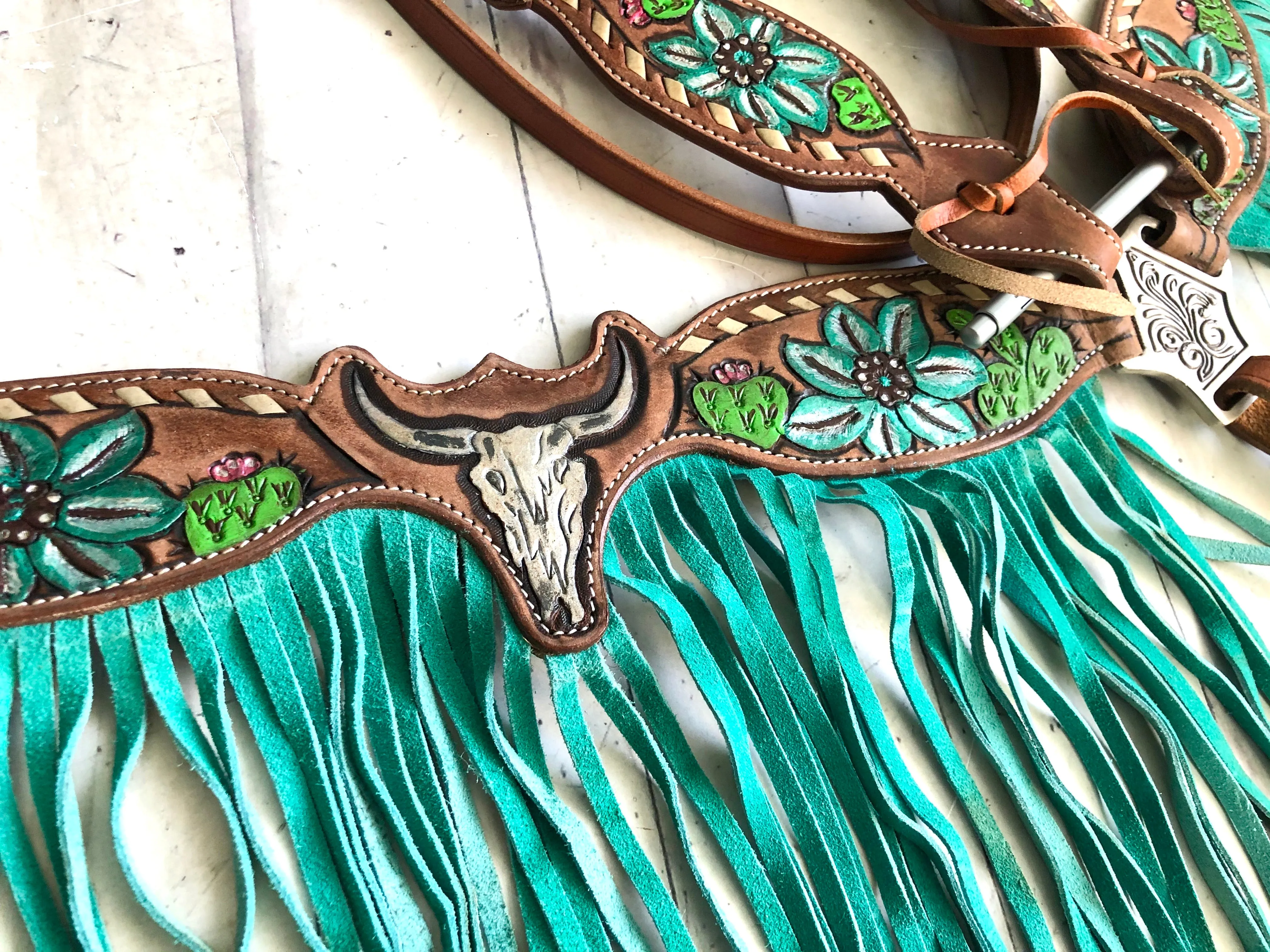Steer Skull Cactus Painted Set with Turquoise/ Teal Fringe