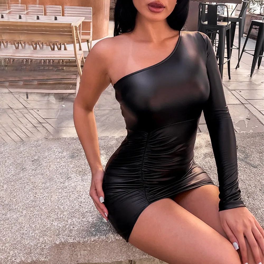 Sultry One-Shoulder Faux Leather Ruched Bodycon Dress