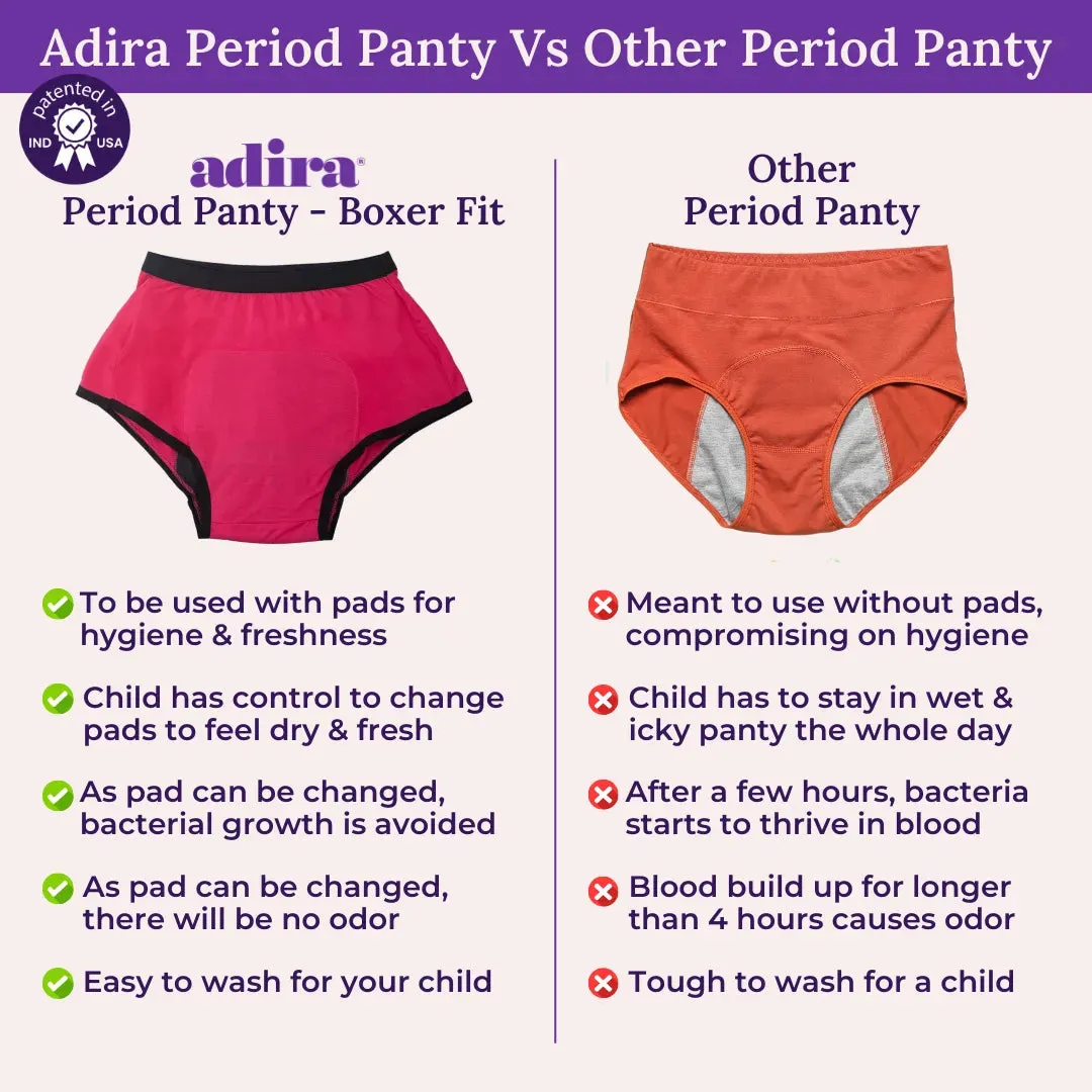 Teen Modal Period Panties | Boxer Fit For Heavy Flow | Prevents Front, Back & Inner Thigh Stains | 2 Pack