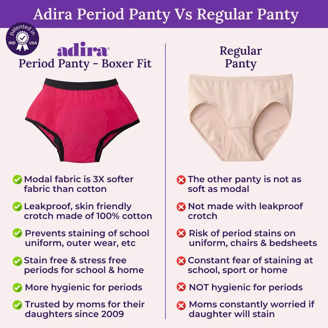 Teen Modal Period Panties | Boxer Fit For Heavy Flow | Prevents Front, Back & Inner Thigh Stains | 2 Pack