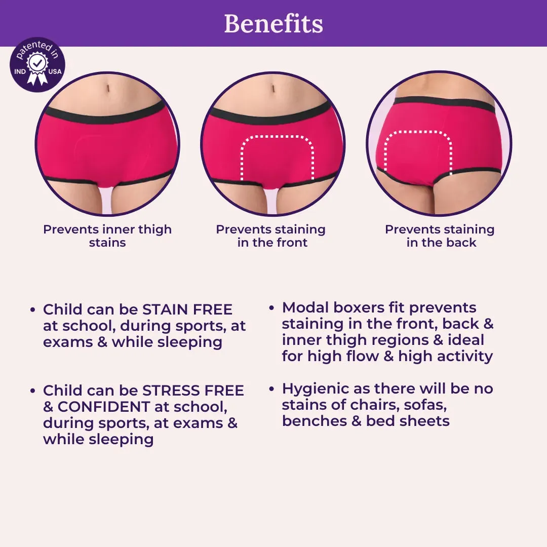 Teen Modal Period Panties | Boxer Fit For Heavy Flow | Prevents Front, Back & Inner Thigh Stains | 2 Pack