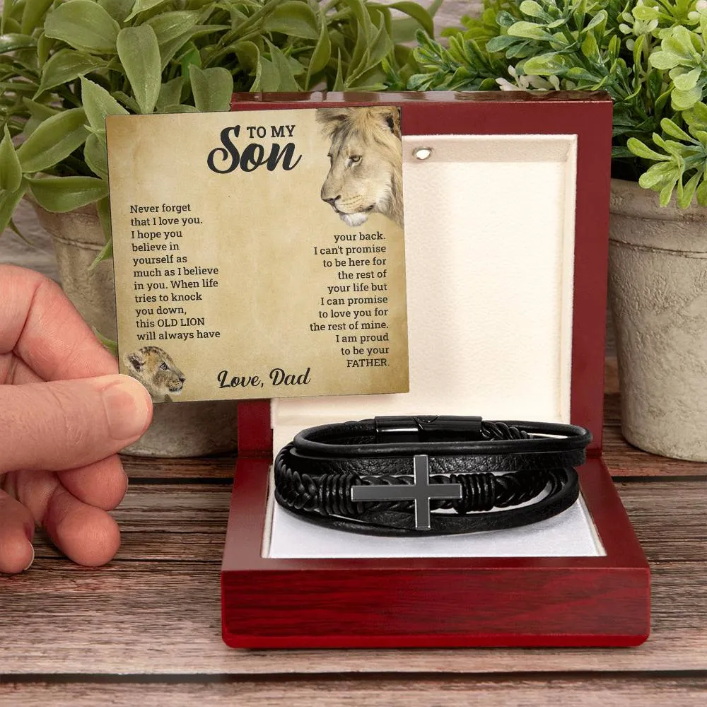 To My Son l Men's Cross Leather Bracelet