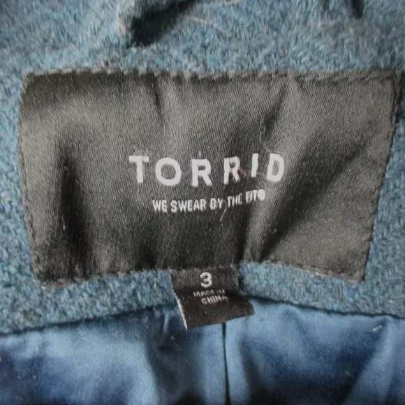 Torrid Military Tweed Coat Faux Leather Sleeves Women's 3 3X Teal Front Zip