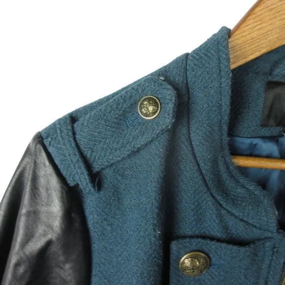 Torrid Military Tweed Coat Faux Leather Sleeves Women's 3 3X Teal Front Zip
