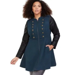 Torrid Military Tweed Coat Faux Leather Sleeves Women's 3 3X Teal Front Zip