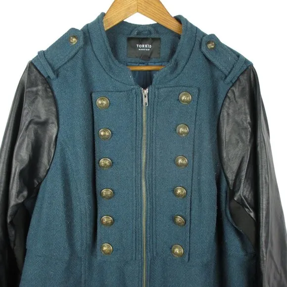 Torrid Military Tweed Coat Faux Leather Sleeves Women's 3 3X Teal Front Zip