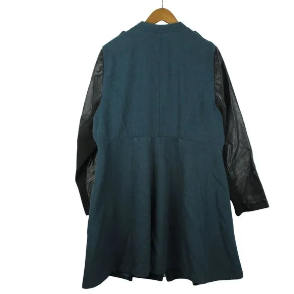 Torrid Military Tweed Coat Faux Leather Sleeves Women's 3 3X Teal Front Zip