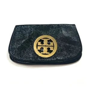 TORY BURCH CRINKLED LEATHER LOGO CLUTCH BAG