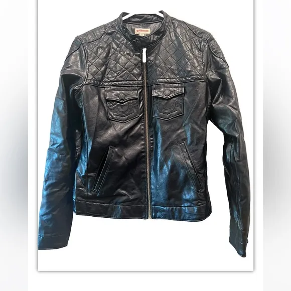 True Religion Quilted Moto Vegan Leather Jacket Size Medium‎ Black