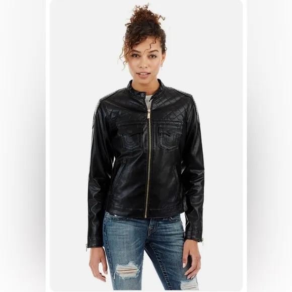 True Religion Quilted Moto Vegan Leather Jacket Size Medium‎ Black