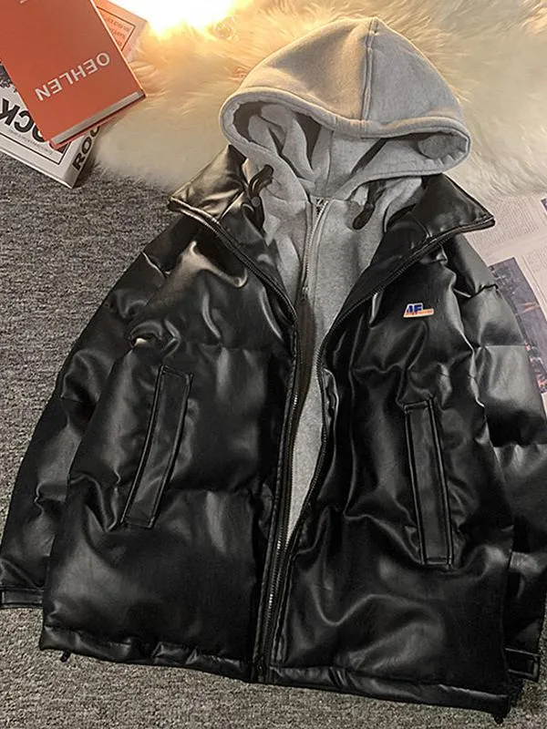 Two-piece PU leather quilted jacket with hood