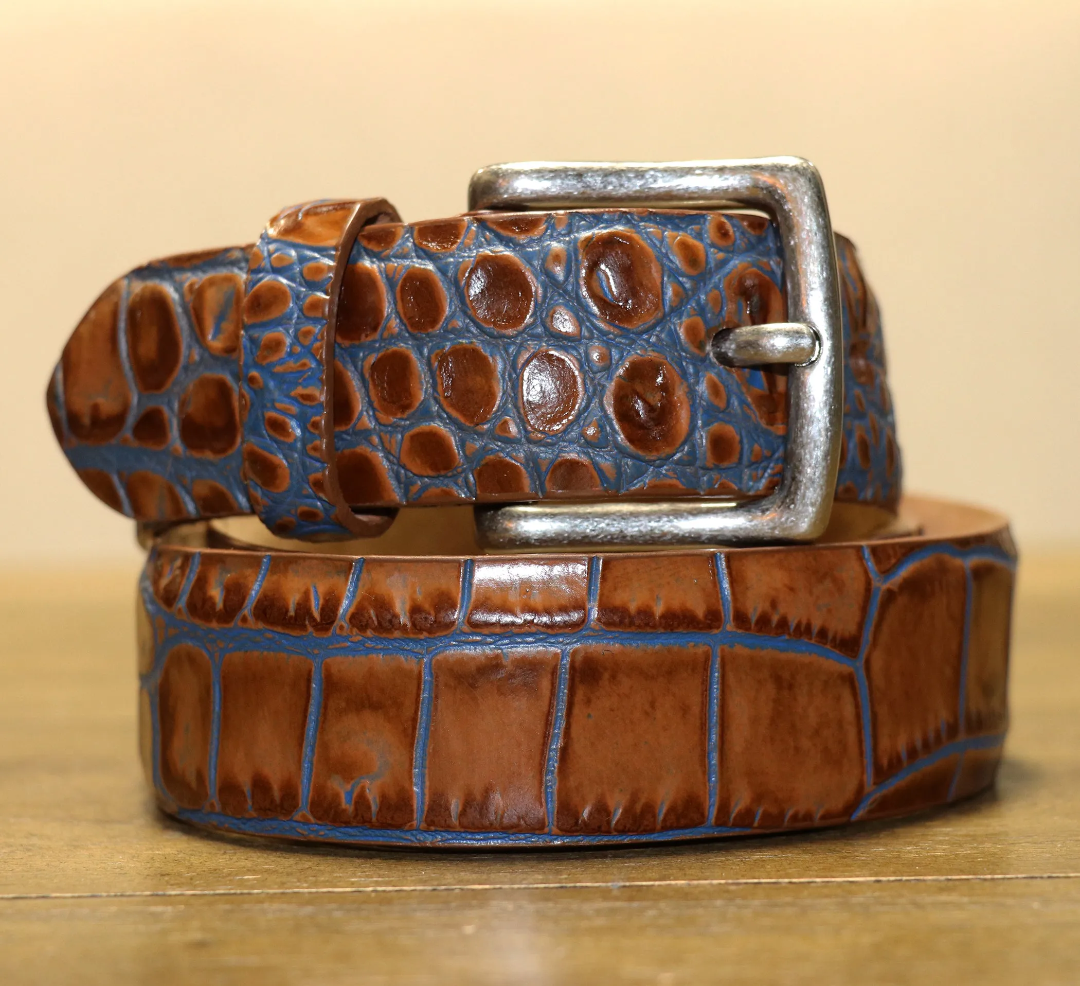 Two Tone Embossed Crocodile Belt - Tan/Blue