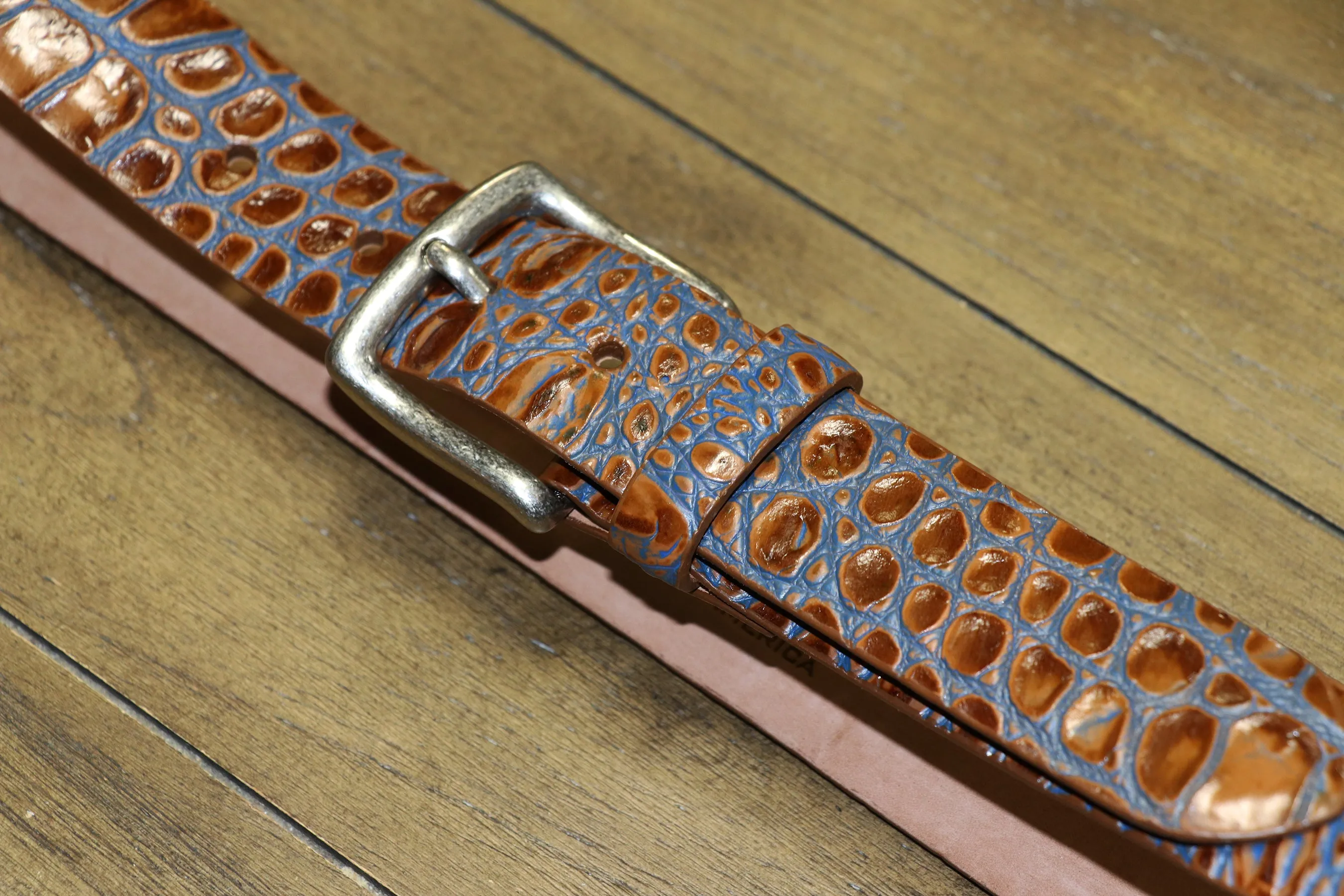Two Tone Embossed Crocodile Belt - Tan/Blue