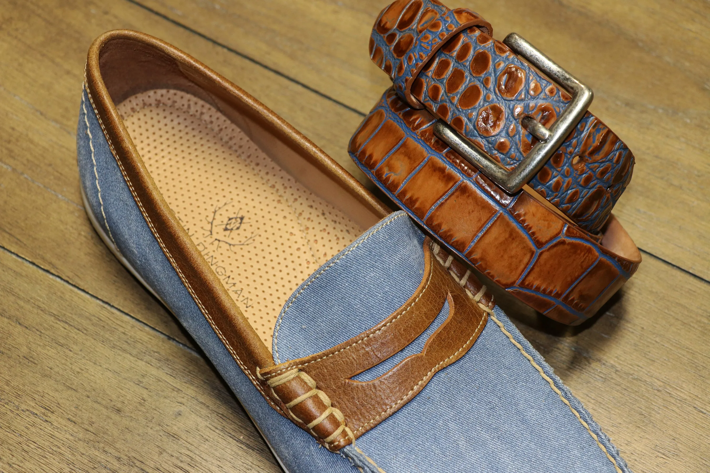 Two Tone Embossed Crocodile Belt - Tan/Blue