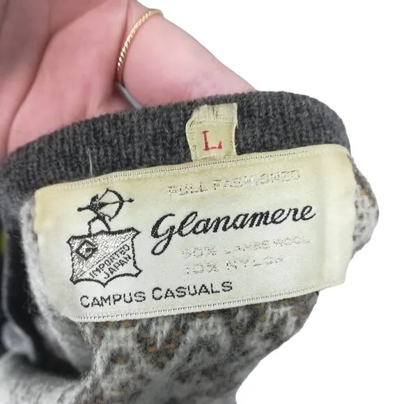 Vintage Glanamere Wool Open Front Cardigan Sweater Size L Gray Geometric