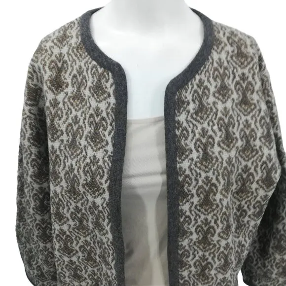 Vintage Glanamere Wool Open Front Cardigan Sweater Size L Gray Geometric