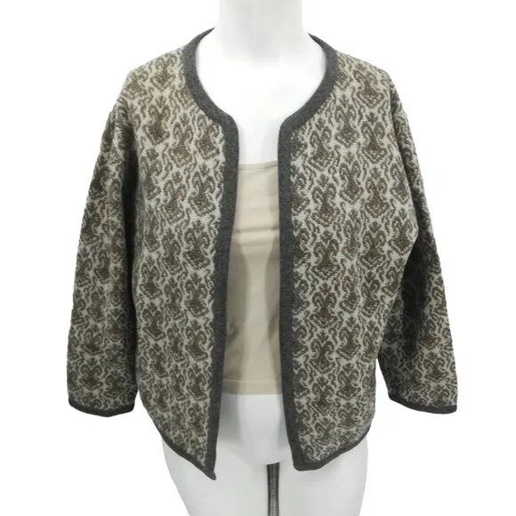 Vintage Glanamere Wool Open Front Cardigan Sweater Size L Gray Geometric
