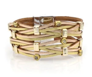 Weave Metallic Gold Rhinestone Leather Bracelet