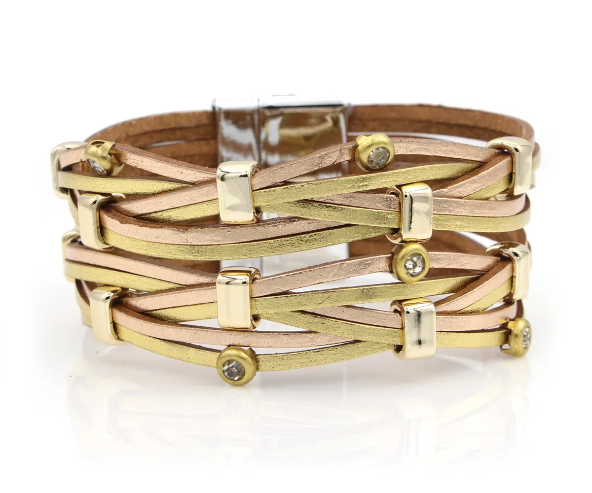 Weave Metallic Gold Rhinestone Leather Bracelet