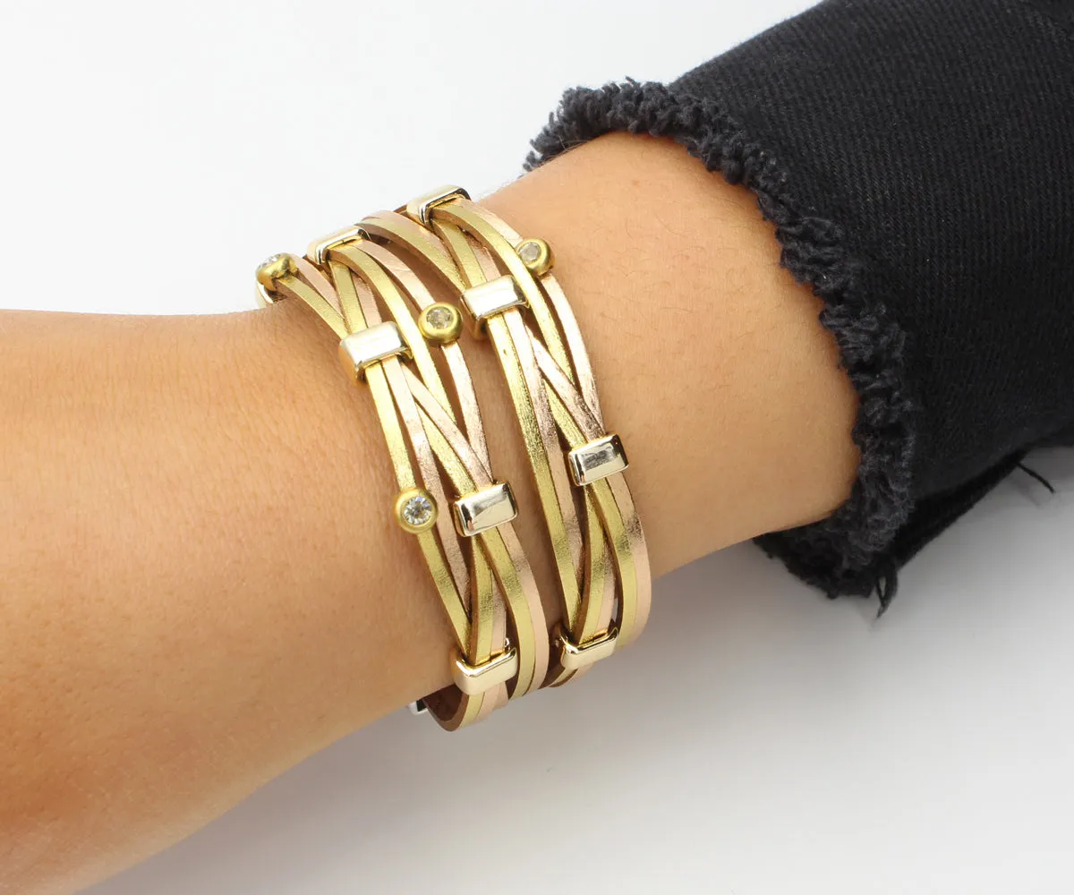 Weave Metallic Gold Rhinestone Leather Bracelet