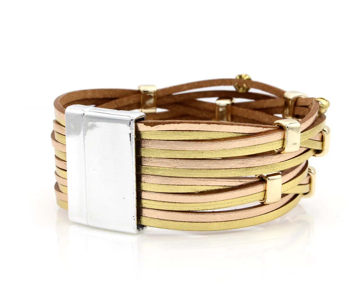 Weave Metallic Gold Rhinestone Leather Bracelet