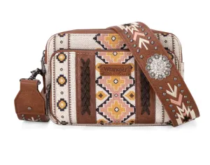 WG2207-3003 Wrangler Aztec Printed Crossbody Purse With Wallet Compartment - Coffee