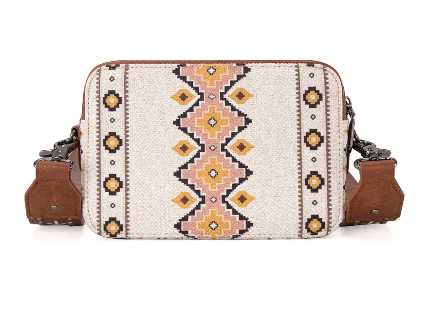 WG2207-3003 Wrangler Aztec Printed Crossbody Purse With Wallet Compartment - Coffee