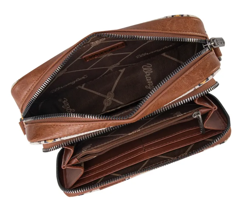 WG2207-3003 Wrangler Aztec Printed Crossbody Purse With Wallet Compartment - Coffee