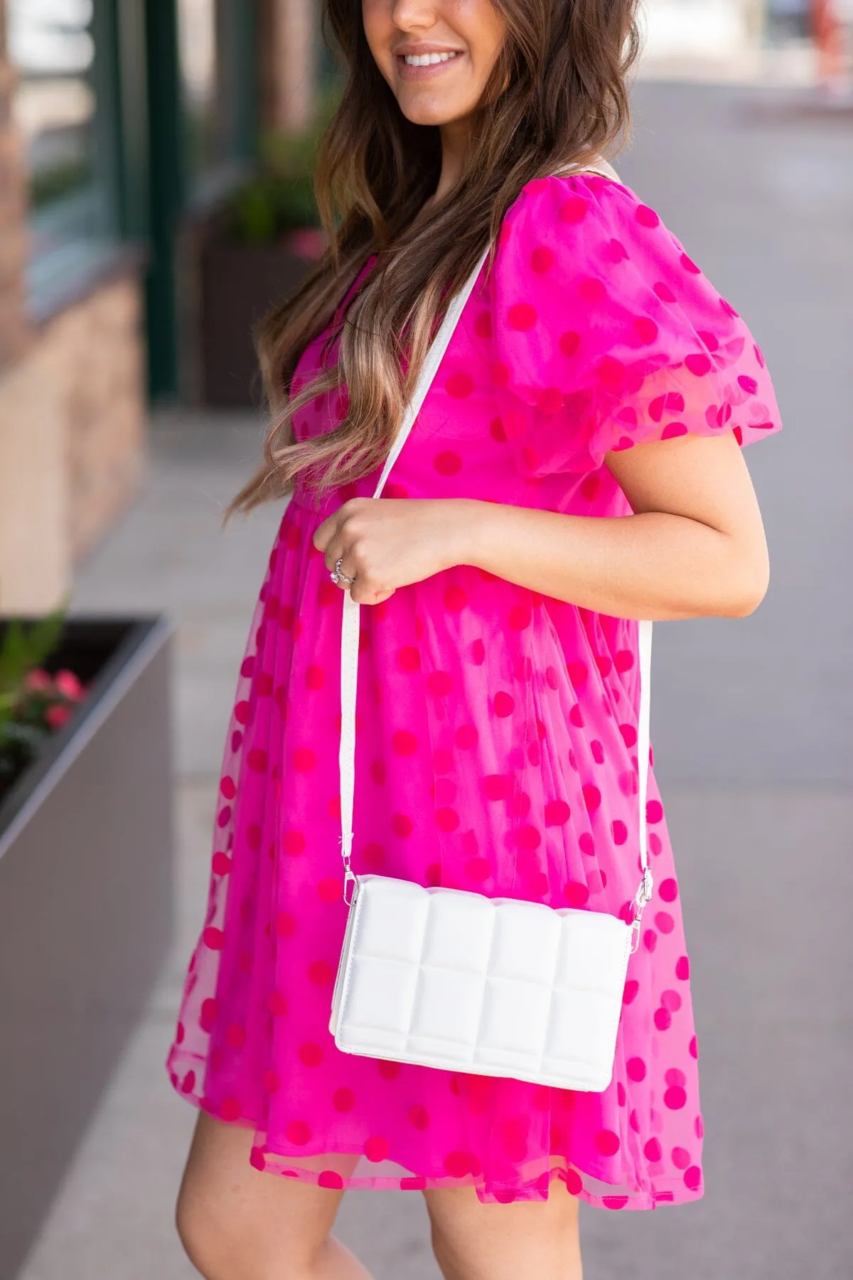 White Faux Leather Quilted Crossbody Bag