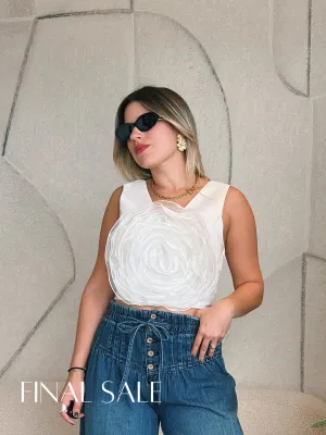 White Flower Faux Leather Top