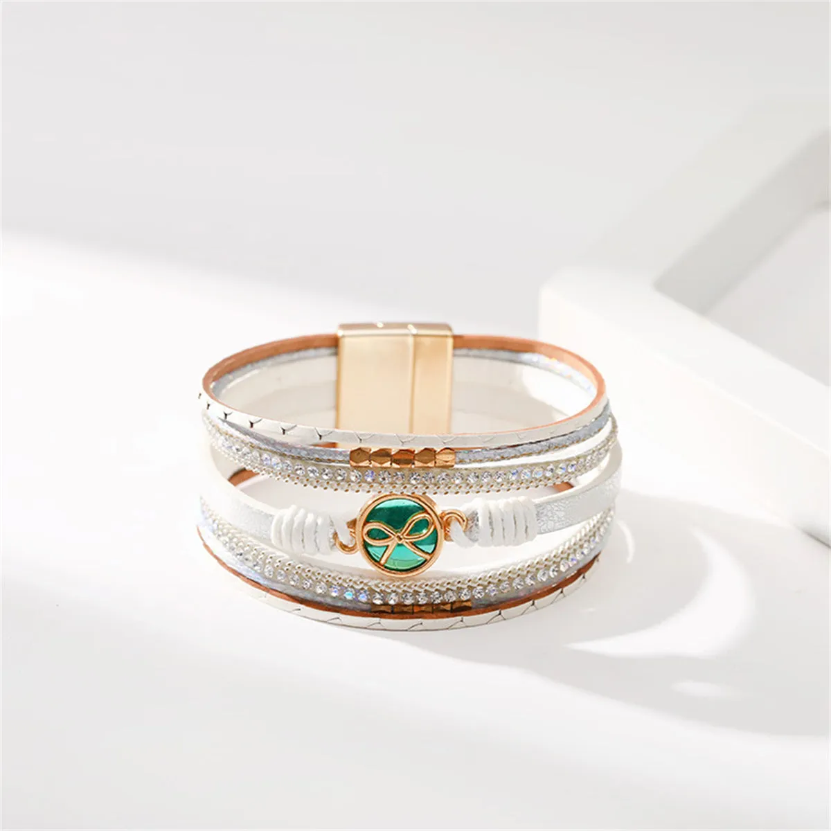 White Polystyrene & Resin 18K Gold-Plated Bow Multi-Strand Magnetic Bracelet
