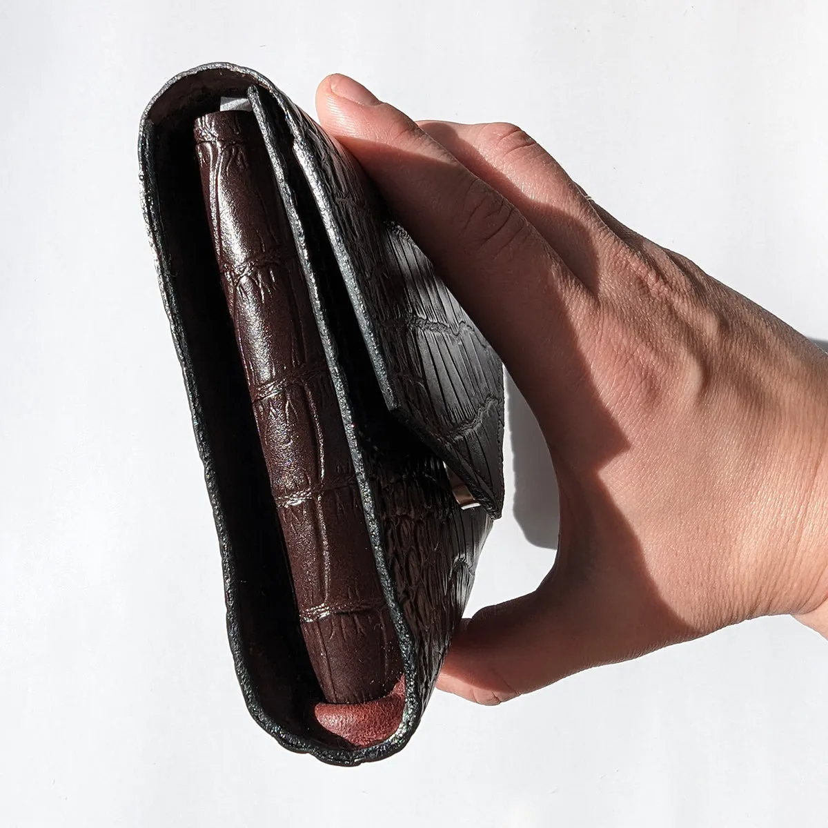 Wine Croc Embossed Leather Clutch, Handsewn
