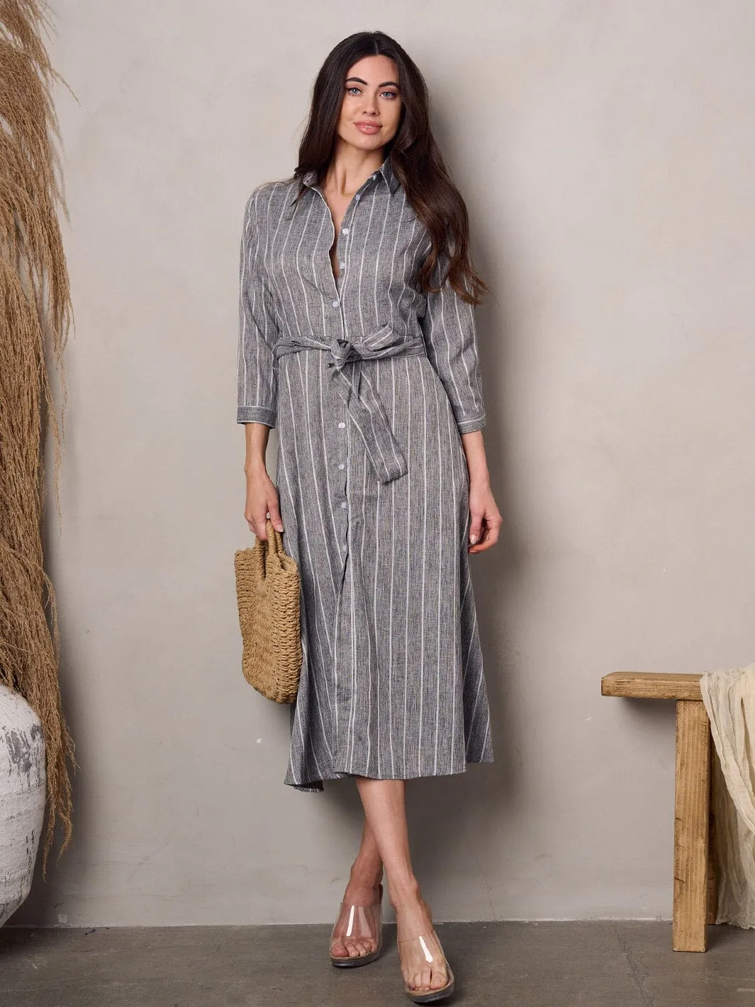 WOMEN'S 3/4 SLEEVE BUTTON UP STRIPES MIDI DRESS