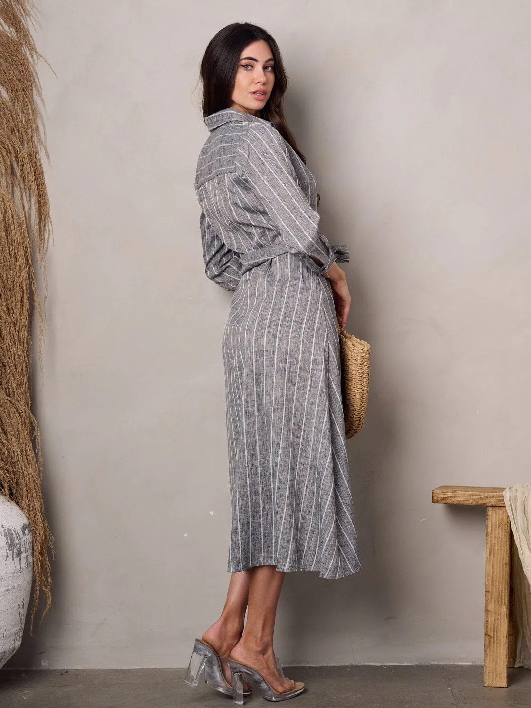 WOMEN'S 3/4 SLEEVE BUTTON UP STRIPES MIDI DRESS