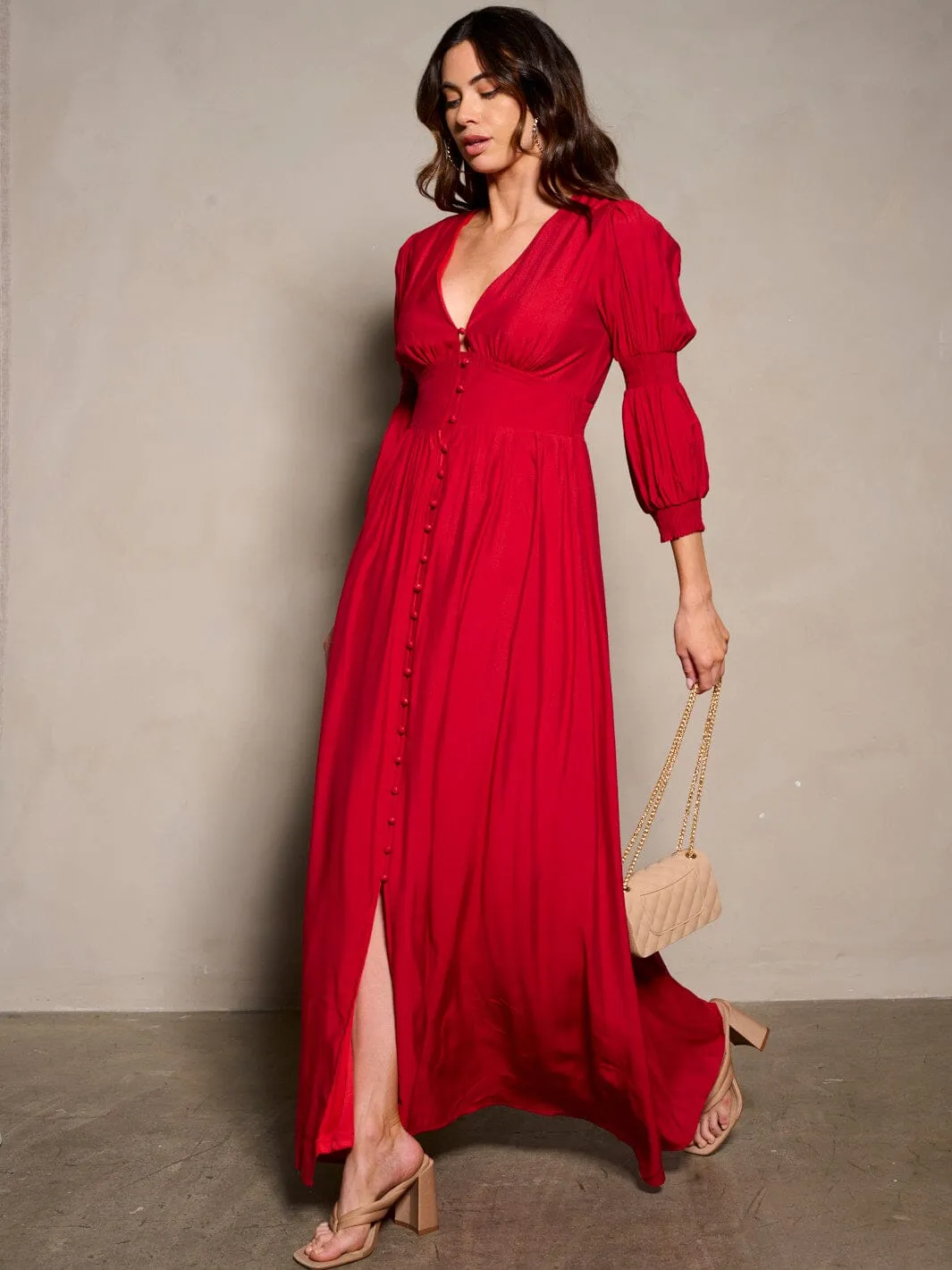 WOMEN'S 3/4 SLEEVE V-NECK BUTTON UP MAXI DRESS